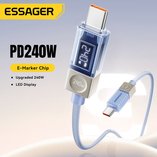 ESSAGER 240W Transparent USB-C Charging Cable – With Power Display