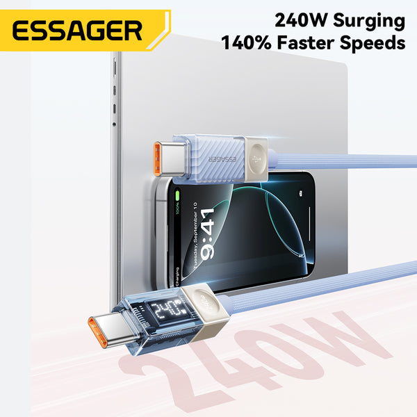 ESSAGER 240W Transparent USB-C Charging Cable – With Power Display
