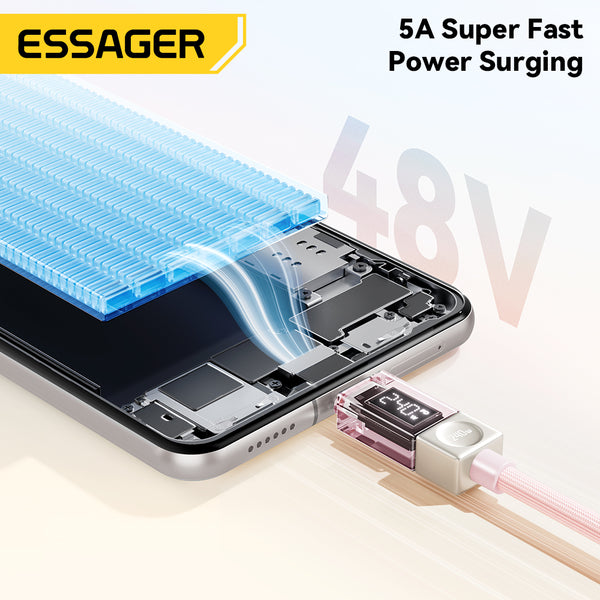 ESSAGER 240W Transparent USB-C Charging Cable – With Power Display