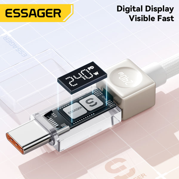 ESSAGER 240W Transparent USB-C Charging Cable – With Power Display