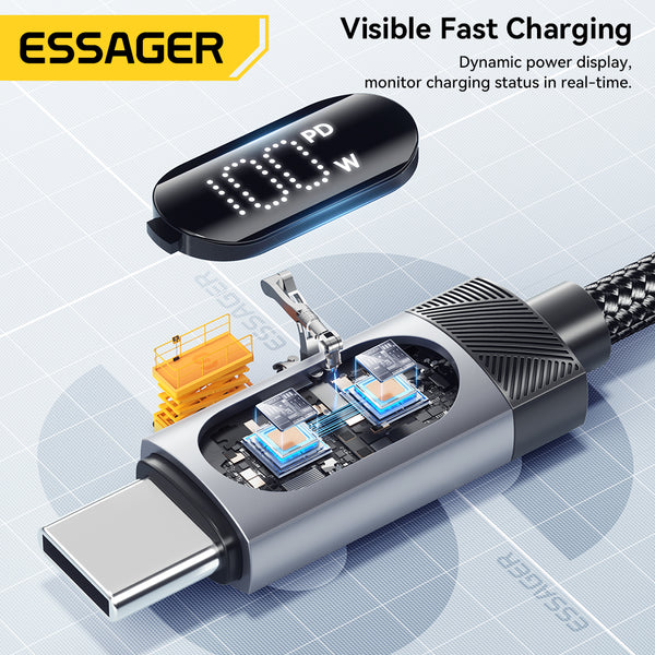 ESSAGER USB-C to USB-C 100W Spring Data Cable with Digital Display
