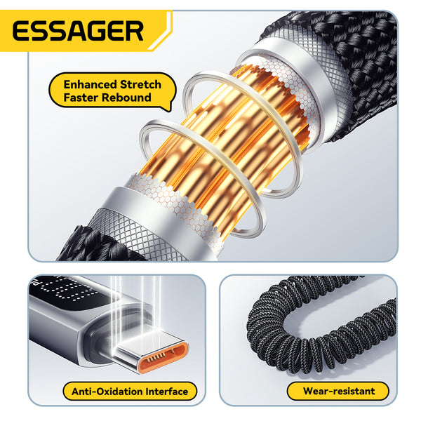 ESSAGER USB-C to USB-C 100W Spring Data Cable with Digital Display