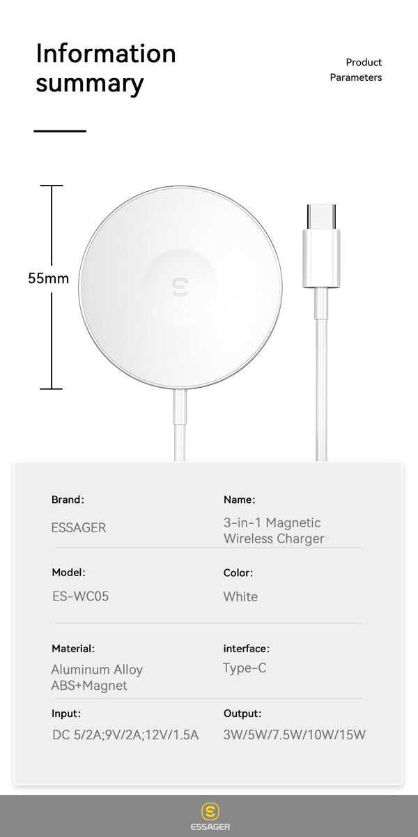 Essager Y-T 15W 3 in 1 Magnetic Induction Wireless QI charger