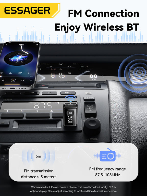 ESSAGER FM Bluetooth Car Adapter – Wireless Audio & Calls