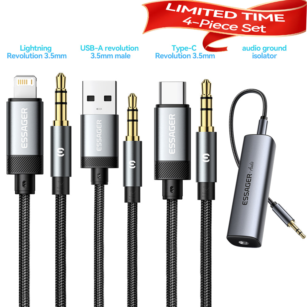Bundle)Essager 4-Piece Audio Aux Jack Cable [Lightning/Type-C/USB