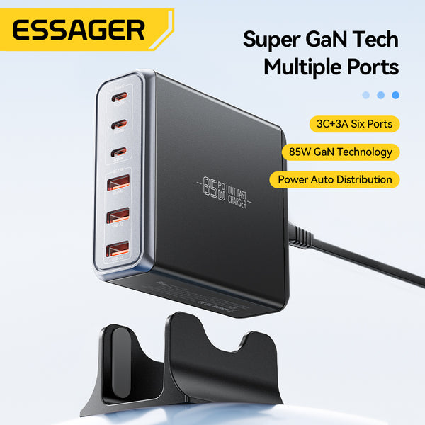 ESSAGER 85W Desktop Charging Station – 3C+3A Multi-Port Fast Charger