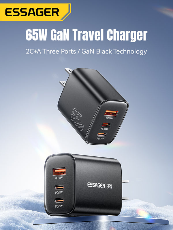 ESSAGER 65W GaN Fast Charger (2 USB-C + USB-A)
