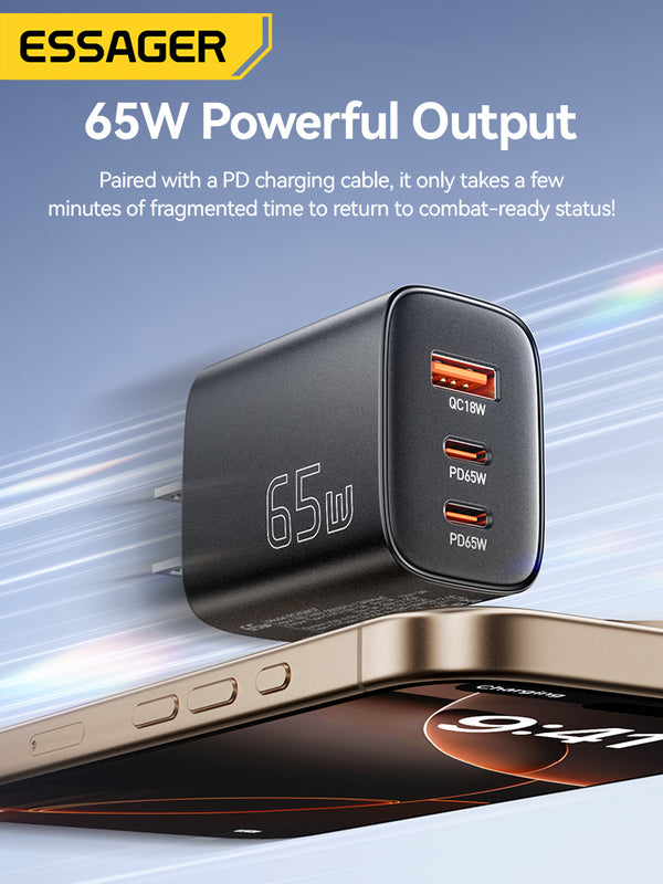 ESSAGER 65W GaN Fast Charger (2 USB-C + USB-A)