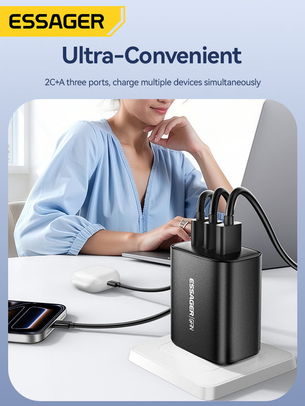 ESSAGER 65W GaN Fast Charger (2 USB-C + USB-A)