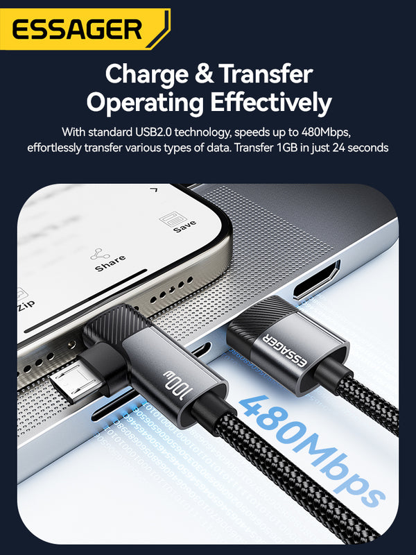 ESSAGER 100W USB-A to 2C + Micro + Lightning Fast Charging Cable