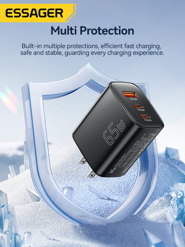 ESSAGER 65W GaN Fast Charger (2 USB-C + USB-A)