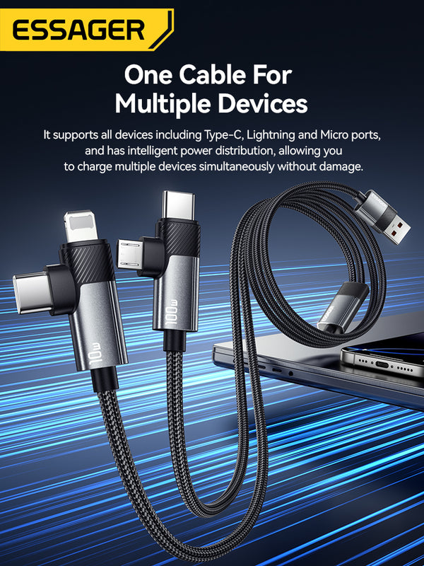 ESSAGER 100W USB-A to 2C + Micro + Lightning Fast Charging Cable
