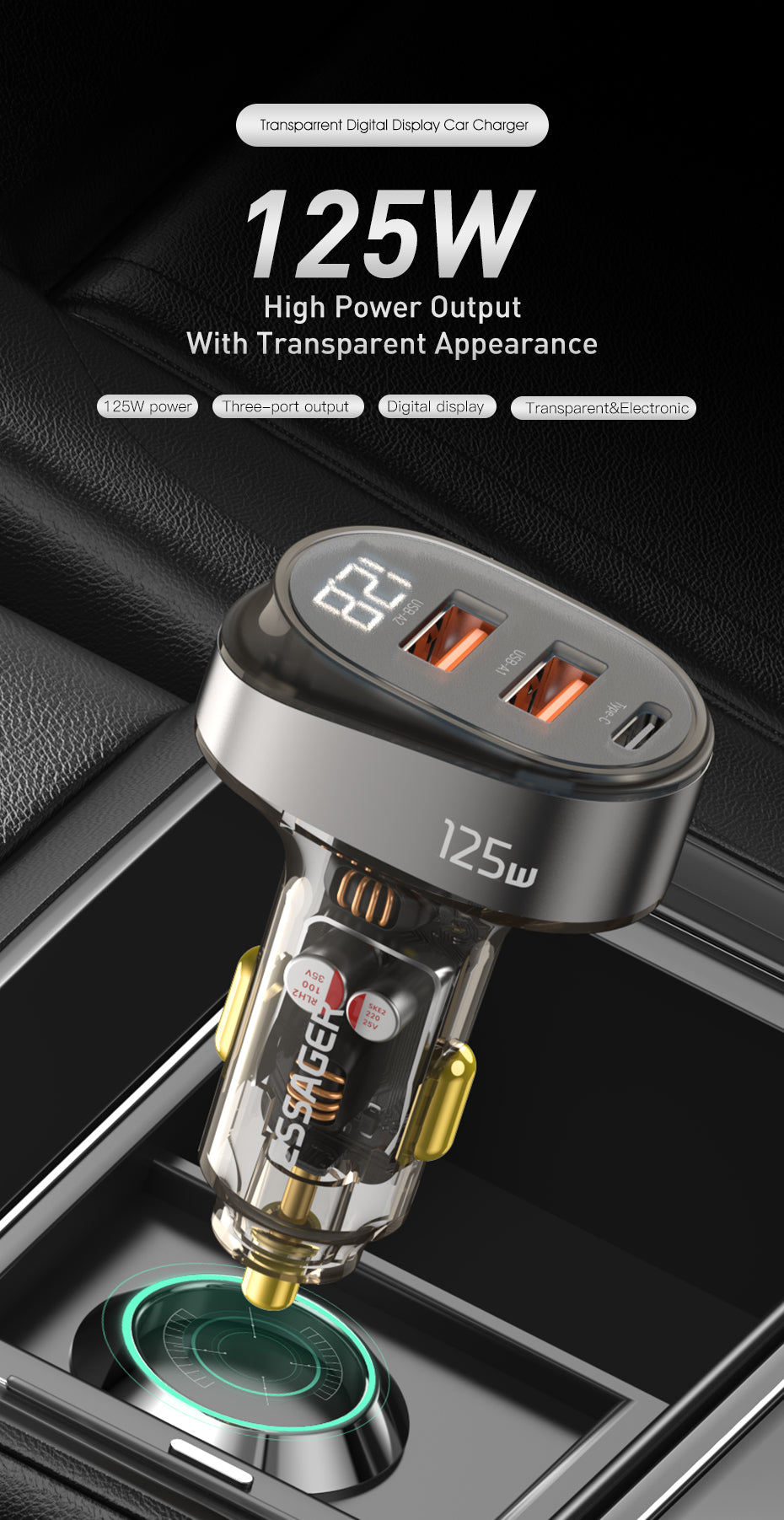 Essager 125W 2A+C 3 ports car charger