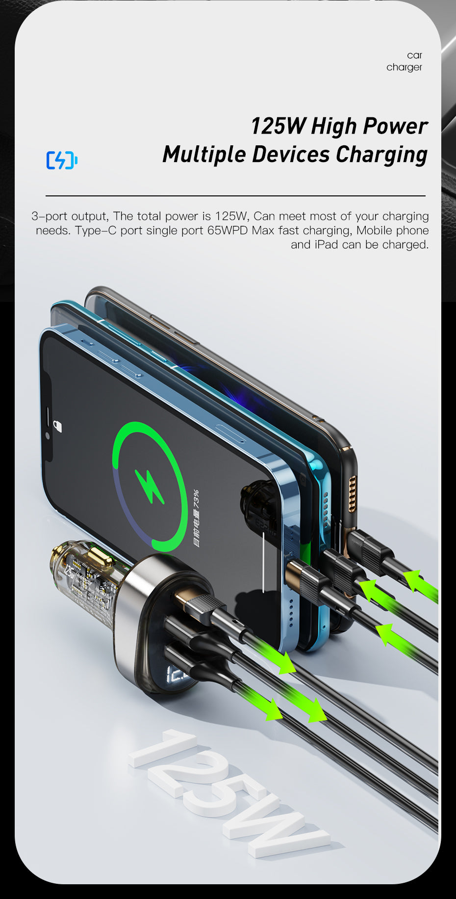 Essager 125W 2A+C 3 ports car charger