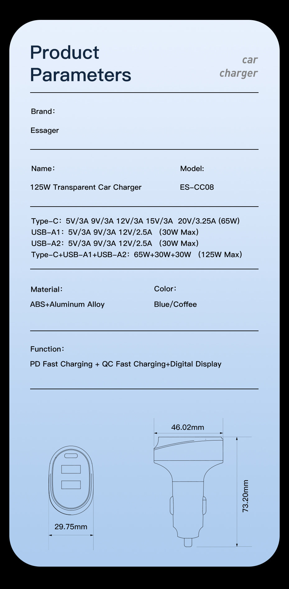 Essager 125W 2A+C 3 ports car charger