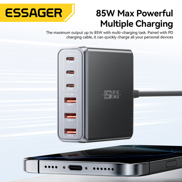 ESSAGER 85W Desktop Charging Station – 3C+3A Multi-Port Fast Charger