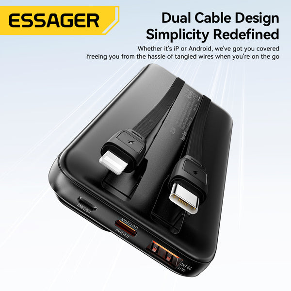 ESSAGER 20000mAh Power Bank – 22.5W Fast Charge + Built-in Cable + LED Display