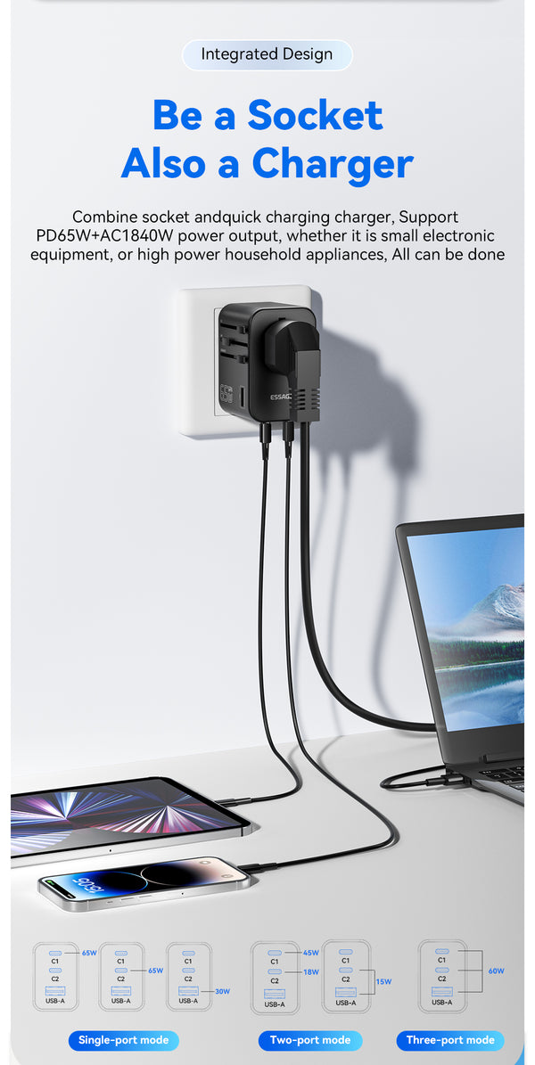 Essager Lvtu 6 in 1 travel  65W GaN fast charger
