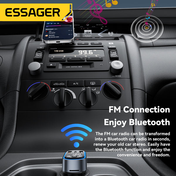 ESSAGER 35W FM Bluetooth Car Charger – MP3, Display, USB-C + A