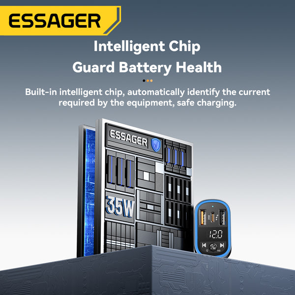 ESSAGER 35W FM Bluetooth Car Charger – MP3, Display, USB-C + A