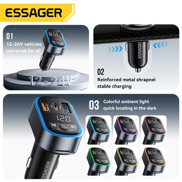 ESSAGER 35W FM Bluetooth Car Charger – MP3, Display, USB-C + A