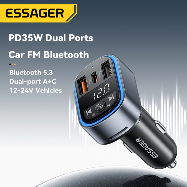 ESSAGER 35W FM Bluetooth Car Charger – MP3, Display, USB-C + A