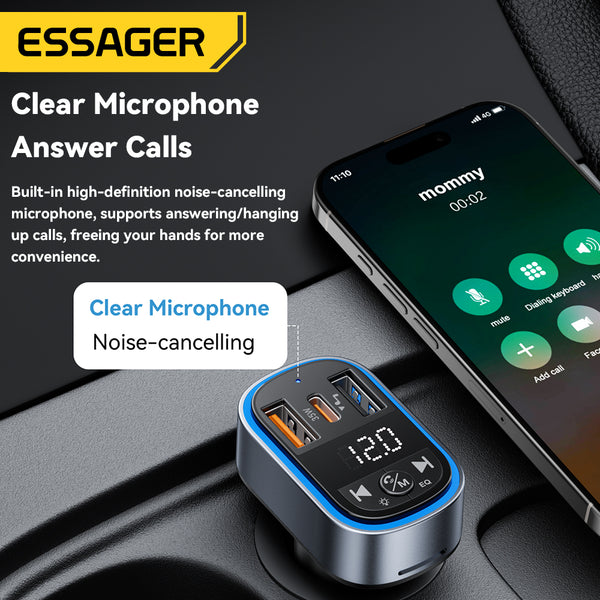 ESSAGER 35W FM Bluetooth Car Charger – MP3, Display, USB-C + A