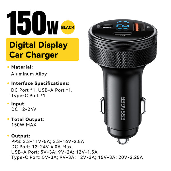 ESSAGER 150W Car Charger – DC + A + C with LED Display