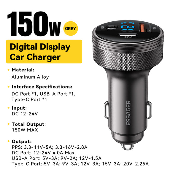 ESSAGER 150W Car Charger – DC + A + C with LED Display