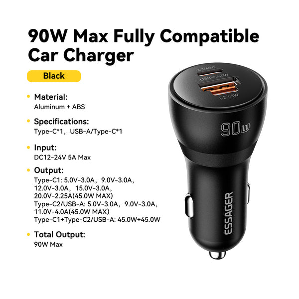 ESSAGER 90W Usb Type C Fast Charging Car Charger Compatible with All Phone