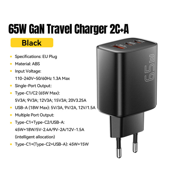 ESSAGER 65W GaN Fast Charger (2 USB-C + USB-A)