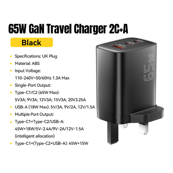ESSAGER 65W GaN Fast Charger (2 USB-C + USB-A)