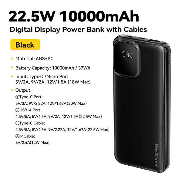 ESSAGER 20000mAh Power Bank – 22.5W Fast Charge + Built-in Cable + LED Display