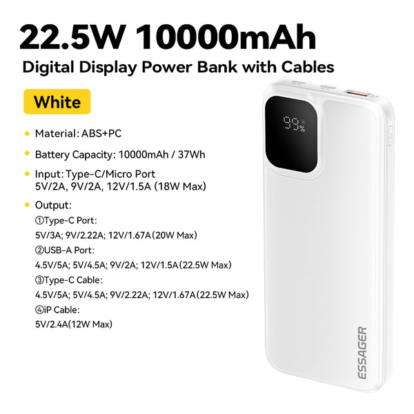 ESSAGER 20000mAh Power Bank – 22.5W Fast Charge + Built-in Cable + LED Display