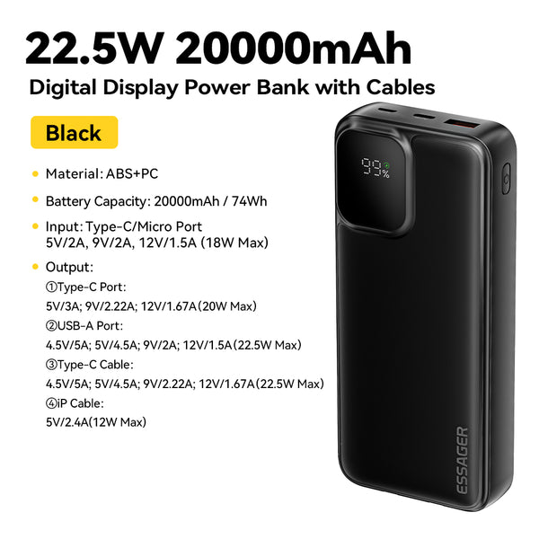 ESSAGER 20000mAh Power Bank – 22.5W Fast Charge + Built-in Cable + LED Display