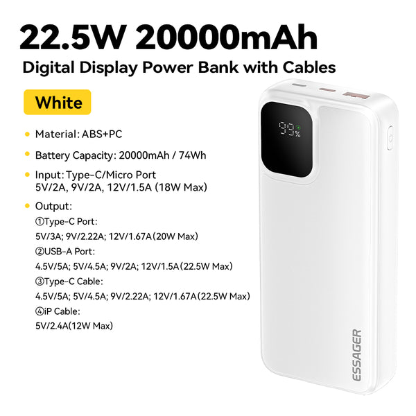 ESSAGER 20000mAh Power Bank – 22.5W Fast Charge + Built-in Cable + LED Display