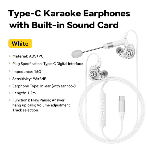 ESSAGER Type-C Earphones – Built-in Sound Card, Wired Control for Karaoke