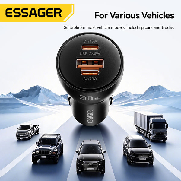 ESSAGER 90W Usb Type C Fast Charging Car Charger Compatible with All Phone