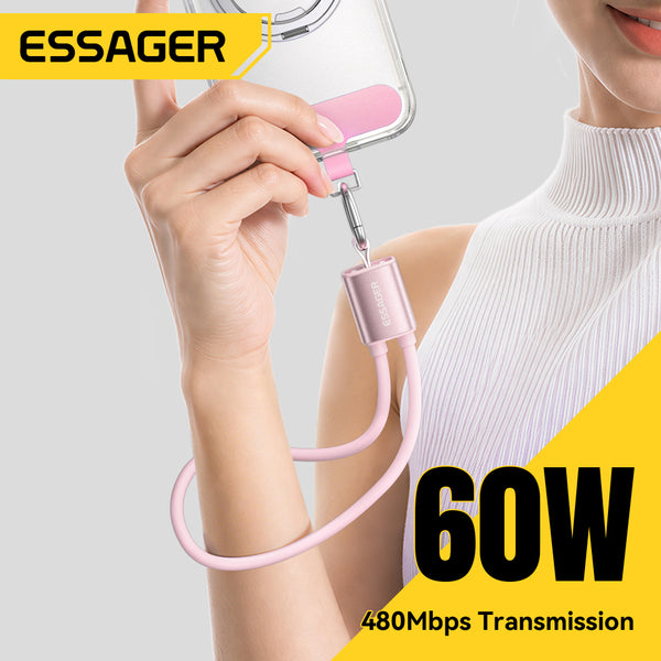 ESSAGER 2 in 1 PD 60W 3A Type C to Type C Silicone Fast Charging Lanyard Data Cable
