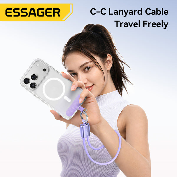 ESSAGER 2 in 1 PD 60W 3A Type C to Type C Silicone Fast Charging Lanyard Data Cable