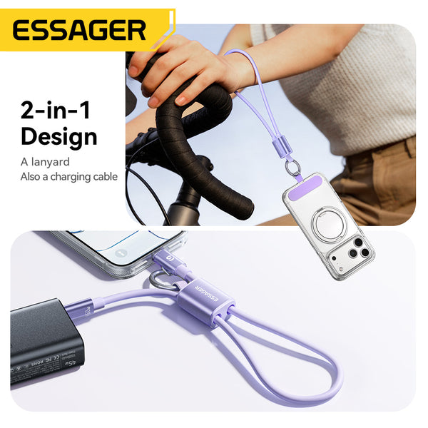 ESSAGER 2 in 1 PD 60W 3A Type C to Type C Silicone Fast Charging Lanyard Data Cable