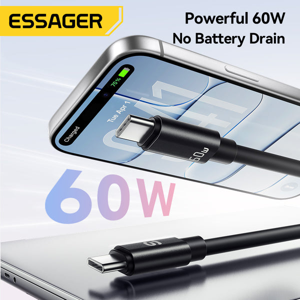 ESSAGER 2 in 1 PD 60W 3A Type C to Type C Silicone Fast Charging Lanyard Data Cable
