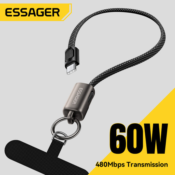 ESSAGER 30W 60W 3A USB C to C L Nylon 2 in 1 Lanyard Phone Fast Charging Data Cable