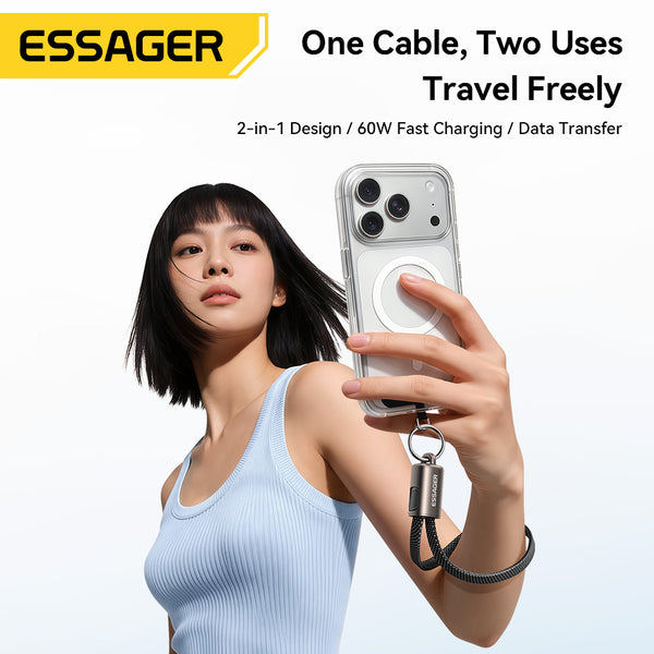 ESSAGER 30W 60W 3A USB C to C L Nylon 2 in 1 Lanyard Phone Fast Charging Data Cable