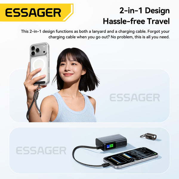 ESSAGER 30W 60W 3A USB C to C L Nylon 2 in 1 Lanyard Phone Fast Charging Data Cable