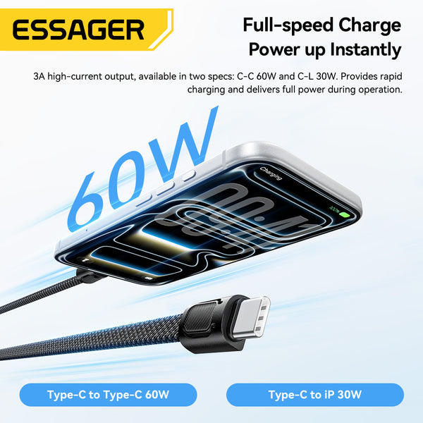 ESSAGER 30W 60W 3A USB C to C L Nylon 2 in 1 Lanyard Phone Fast Charging Data Cable