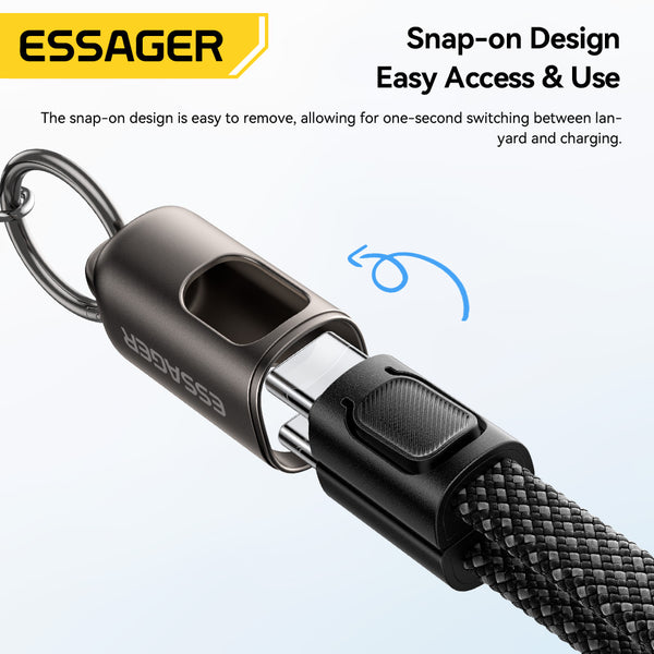 ESSAGER 30W 60W 3A USB C to C L Nylon 2 in 1 Lanyard Phone Fast Charging Data Cable