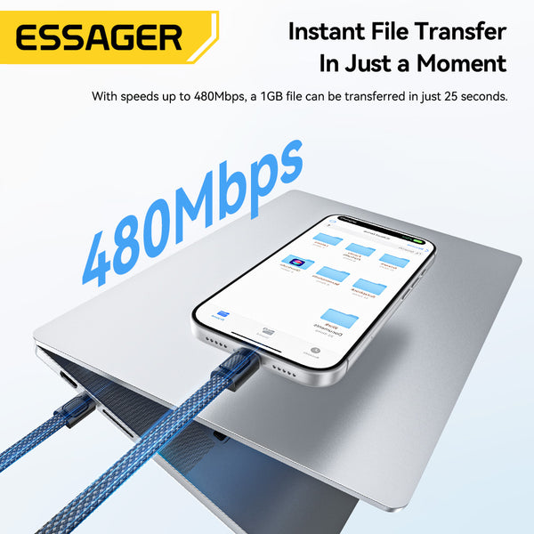 ESSAGER 30W 60W 3A USB C to C L Nylon 2 in 1 Lanyard Phone Fast Charging Data Cable