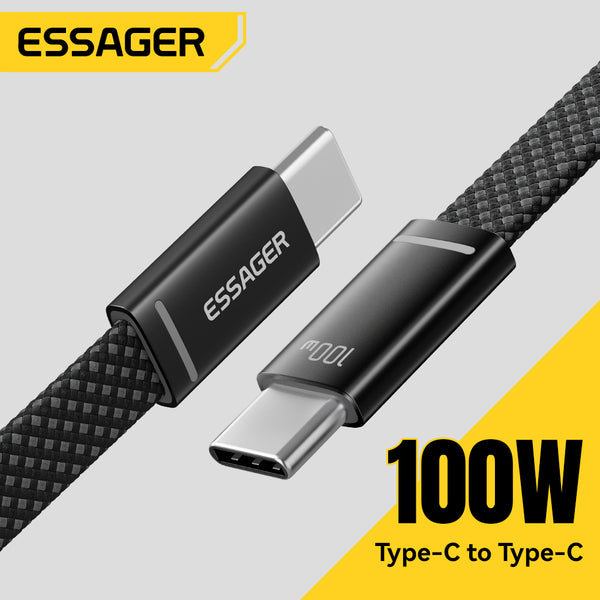 ESSAGER PD 100W 5A Type C to Type C Flat Braided Fast Charging Phone Laptop Data Cable