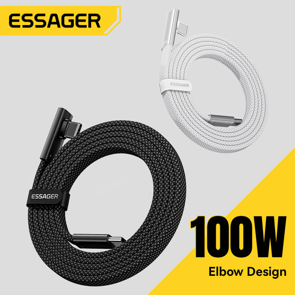 ESSAGER 100W 5A Type C to Type C 90 Degree Elbow Flat Braided Fast Charging Phone Laptop Cable